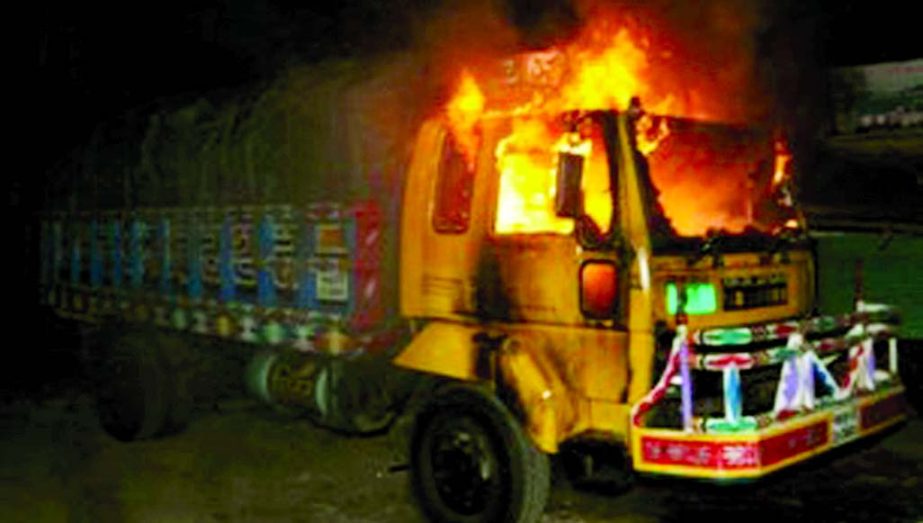 Miscreants torched a goods-laden truck at Feni's Dagonbhuiyan area on Friday morning.