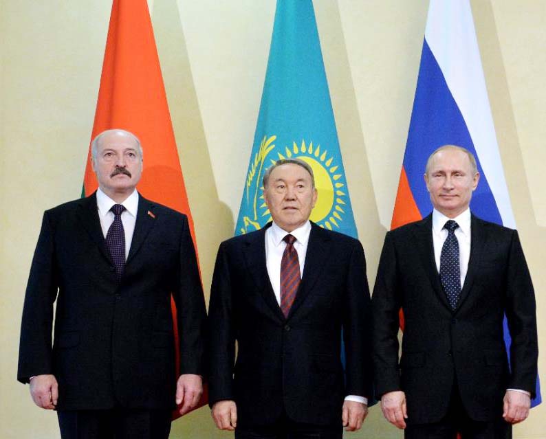 Russiaâ€™s President Vladimir Putin Â®, Kazakhstan's President Nursultan Nazarbayev Â© and Belarus' President Alexander Lukashenko meet in Astana on Friday.