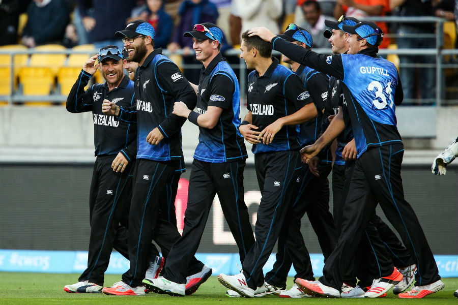 The entire New Zealand team converges to congratulate Daniel Vettori on his catch during the ICC World Cup 4th quarter-final match between New Zealand and West Indies at Wellington on Saturday.