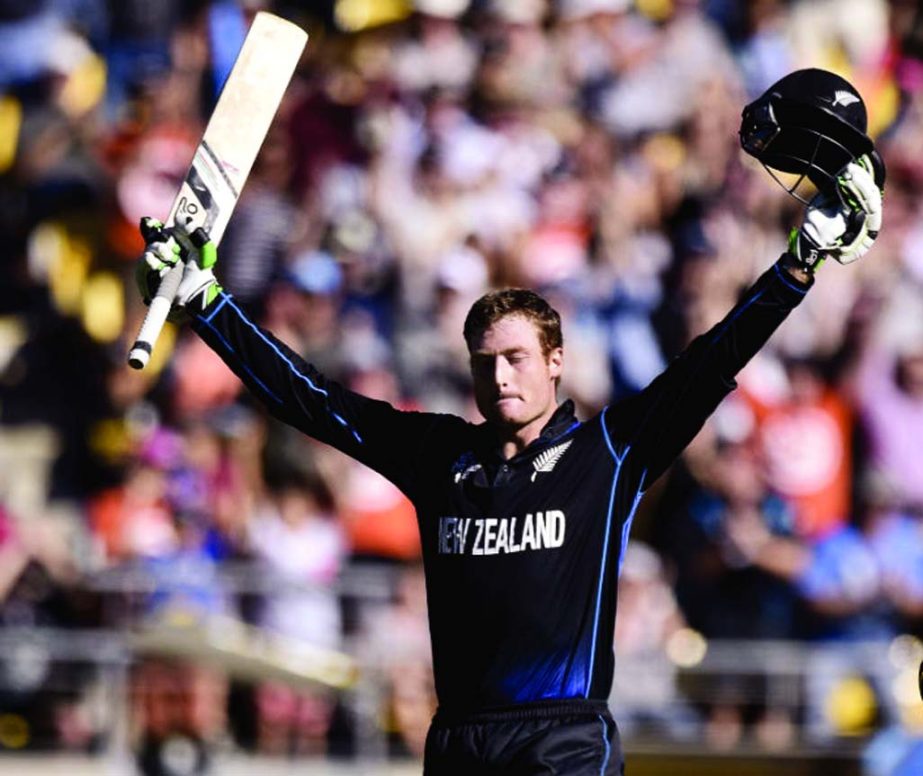 Martin Guptill celebrates his second World Cup ton, during the 4th quarter-final match between New Zealand and West Indies at Wellington on Saturday.