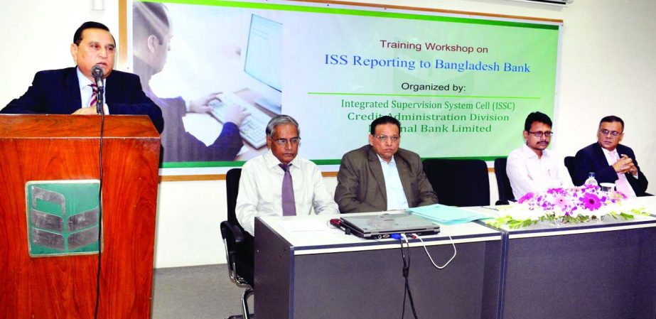 Shamsul Huda Khan, Managing Director and CEO of National Bank Limited, speaking a day long workshop on 'ISS Reporting to Bangladesh Bank' at NBTI in the city recently. Abdul Hamid Mia, Deputy Managing Director of the bank was present as special guest.