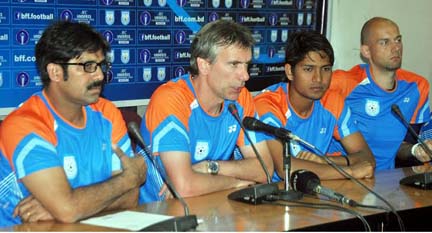 Head Coach of Bangladesh National Under-23 Football team addressing a press conference at the conference room of Bangladesh Football Federation House on Monday.