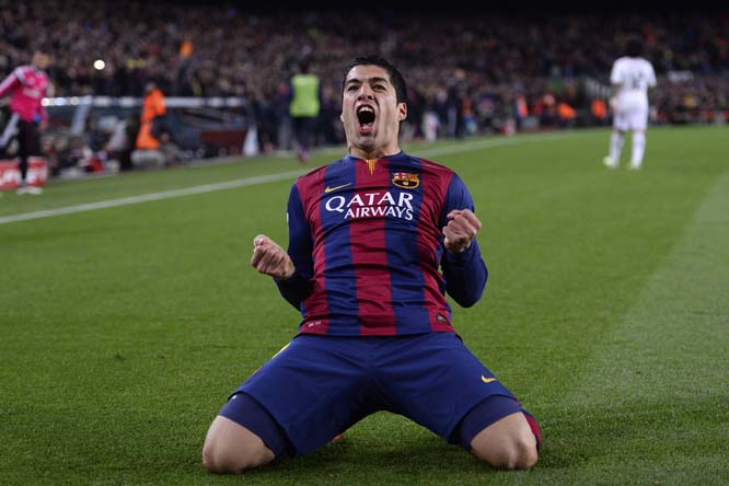 Barcelona's Luis Suarez celebrates after scoring his team's second goal during a Spanish La Liga soccer match between FC Barcelona and Real Madrid at Camp Nou stadium in Barcelona, Spain on Sunday.