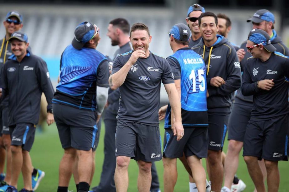 New Zealand's Brendon McCullum (C) smiles during training ahead of their 2015 Cricket World Cup semi final match against South Africa at Eden Park in Auckland on Monday.