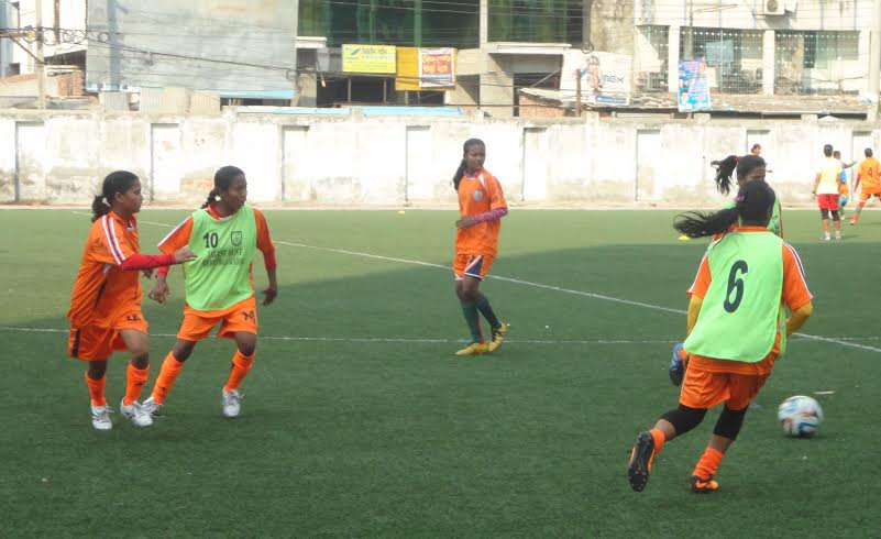 Members of Bangladesh Under-14 Girls' team during their practice session at the BFF Artificial Turf on Tuesday.