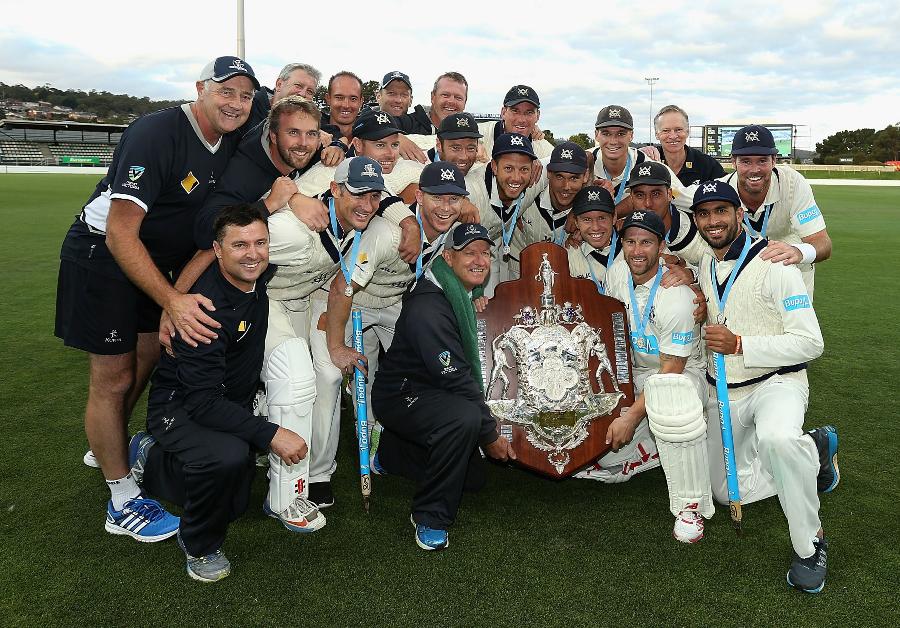 Players of Victoria celebrate after winning the Sheffield Shield for 2014-15 on the day five of the Sheffield Shield final match between Victoria and Western Australia at Blundstone Arena in Hobart, Australia on Wednesday.