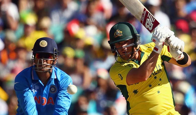 Aaron Finch hits down the ground, Australia v India, World Cup 2015, 2nd semi-final, Sydney, March 26, 2015. Photo: espncricinfo