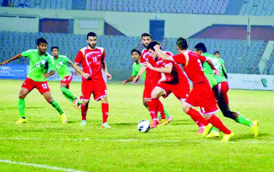 An action from the match of the AFC Under-23 Championship Qualifiers between Syria Under-23 Football team and Bangladesh Under-23 Football team at the Bangabandhu National Stadium on Friday.