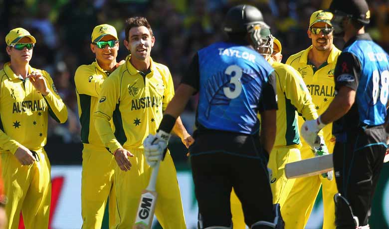 The Australians open up communication lines with Ross Taylor and Grant Elliott, Australia v New Zealand, World Cup 2015, final, Melbourne, March 29, 2015. Photo: espncricinfo