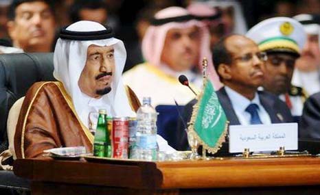 Saudi King Salman attends the opening meeting of the Arab Summit in Sharm el-Sheikh, in the South Sinai governorate, south of Cair.