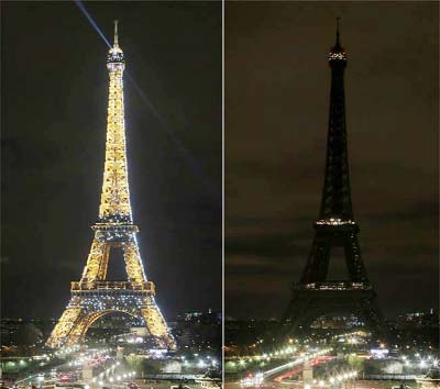 A combo picture taken on Saturday in Paris shows the Eiffel Tower being submerged into darkness for the Earth Hour environmental campaign.