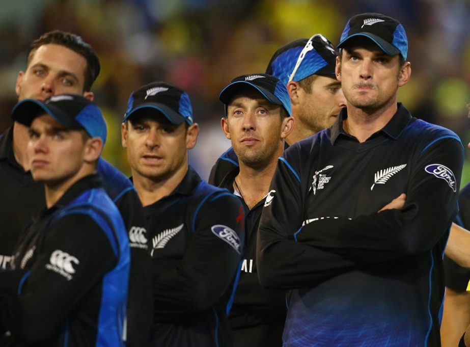 Dejected New Zealand players look on during the presentation ceremony at Melbourne Cricket Ground in Melbourne, Australia on Sunday.