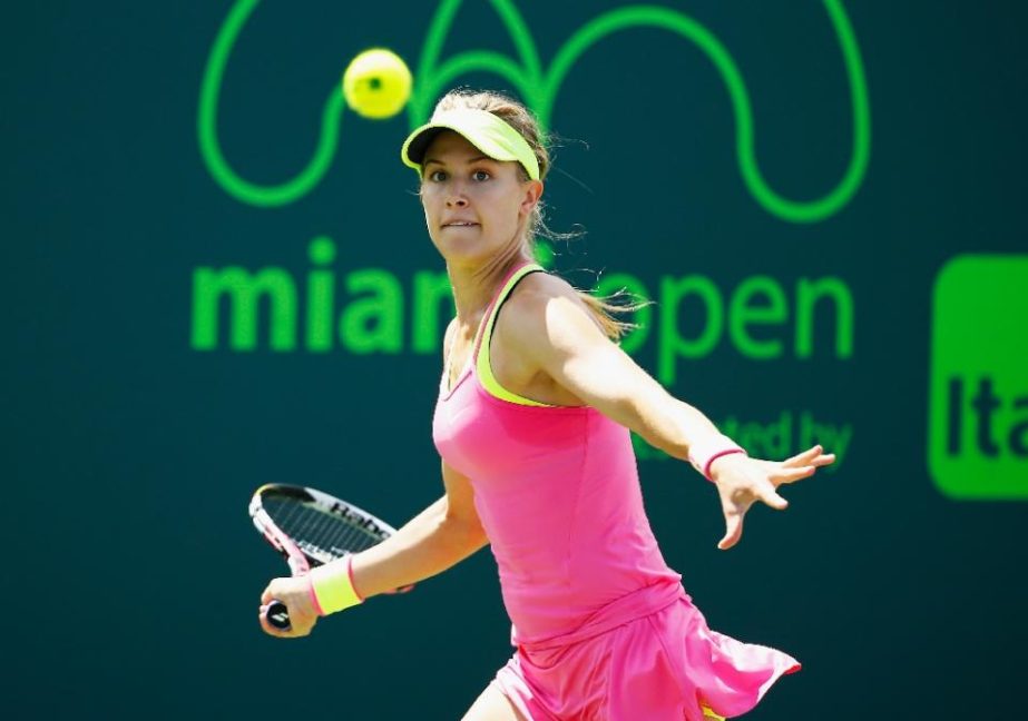 Eugenie Bouchard of Canada returns the ball to Tatjana Maria of Germany during day 6 of the Miami Open in Key Biscayne, Florida on Saturday.