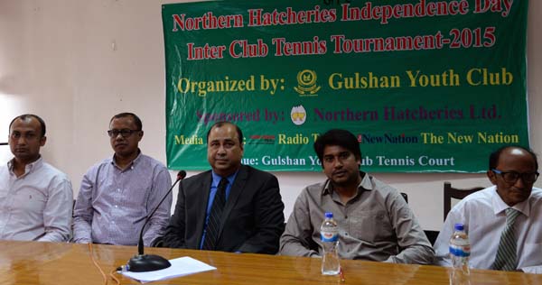Senior Vice President of Gulshan Youth Club Humayun Kabir (centre) speaking at a press conference on Northern Hatcheries Independence Day Inter Club Tennis Tournament 2015 held at conference room of National Tennis Complex in the capital on Monday.