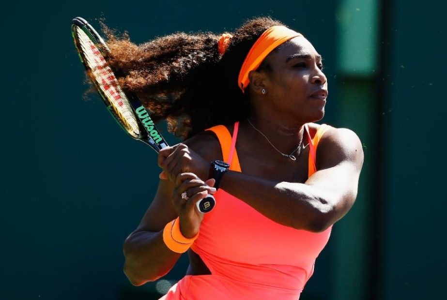 Serena Williams returns the ball to Catherine Bellis during the Miami Open in Key Biscayne, Florida on Sunday.