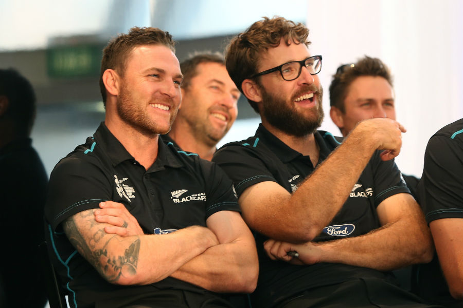 Brendon McCullum and Daniel Vettori at a function organised for the returning players at Auckland on Tuesday.