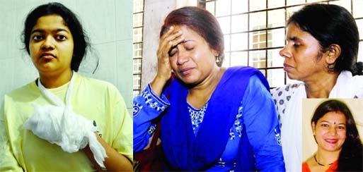 Relatives of BRTA official Shitangshu Shekhor's wife Krishna Kaberi Biswas (inset) wailing after she was killed by an assailant at their Mohammadpur flat on Monday night. Her daughter also was injured in the attack (extreme left).