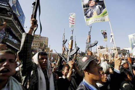 Followers of the Houthi group demonstrate against the Saudi-led air strikes on Yemen, in Sanaa