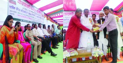 NANDAIL(Mymensingh): Md Anwarul Abedin Khan Thuhin MP talking crest from Adv Abdul Hai, Chairman, Abdul Hai College managing committee, Nandail at the annual sports and prize giving ceremony of the college recently.