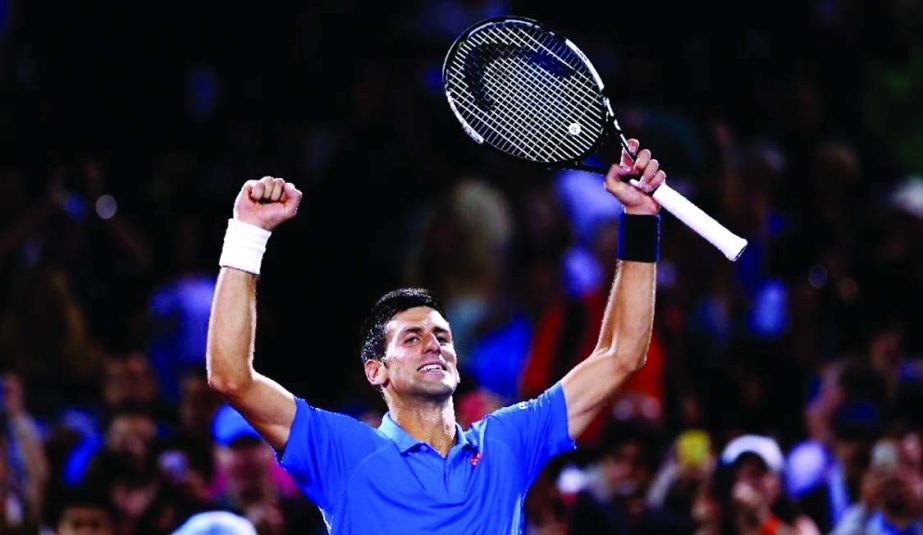 Novak Djokovic of Serbia celebrates after his straight sets victory against David Ferrer of Spain in their quarter final during the Miami Open in Key Biscayne, Florida on Thursday.