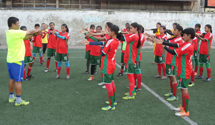 Members of Bangladesh Under-14 Girls' team during their practice session at the BFF Artificial Turf on Saturday.