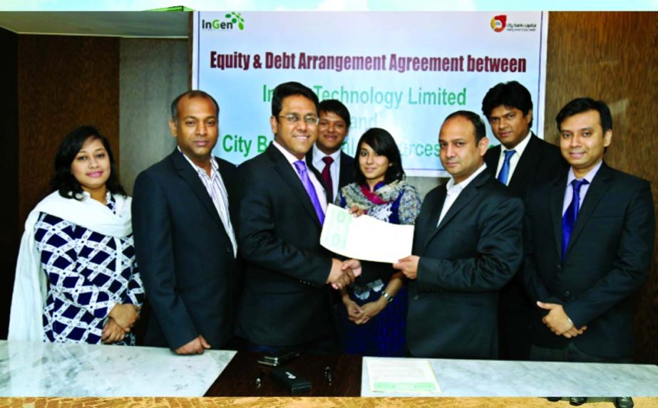 Ershad Hossain, Managing Director of City Bank Capital Resources Limited and Niaz Ahmed, CEO of InGen Technology Limited sign an investment agreement to develop the renewable energy projects across the country. Md Kamrujjaman of InGen; Shakil Rahman, Anis