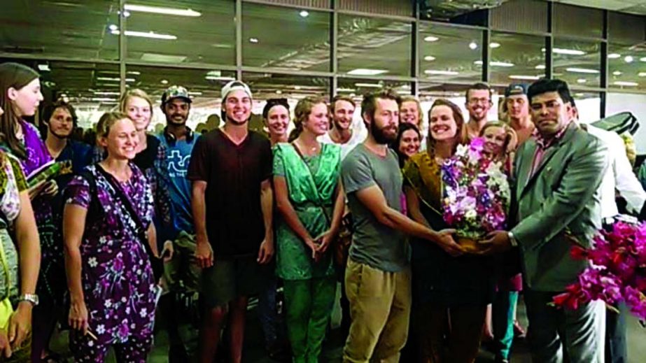 President of Bangladesh Surfing Association and First Senior Additional Director of Walton Group FM Iqbal Bin Anwar Dawn receiving the 22-member Surfing Coaches team at the Shahjalal International Airport on Friday.