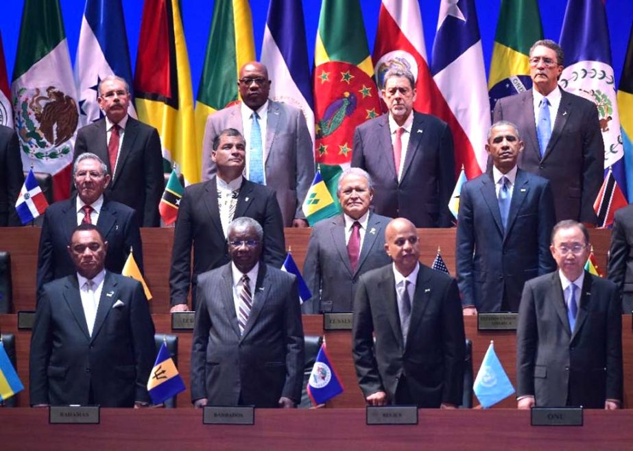 Cuba's President Raul Castro (L, middle row) and US President Barack Obama (R, middle row) are pictured with other leaders during the opening ceremony of the Summit of the Americas at the ATLAPA Convention Center in Panama City on Friday.