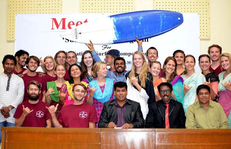 Officials of Bangladesh Surfing Association and the Surfing The Nations pose for a photo session at the Dutch-Bangla Bank Auditorium of Bangladesh Olympic Association Bhaban on Saturday.