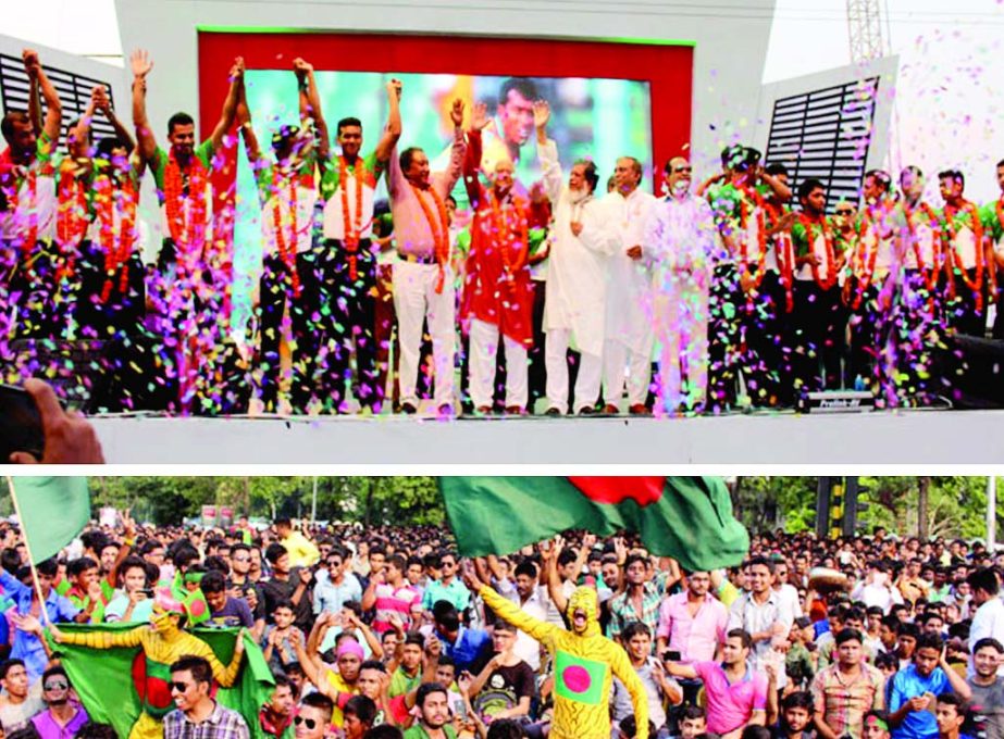 Members of Bangladesh National Cricket team, Minister for Finance Abul Maal Abdul Muhith, State Minister for Home Affairs Asaduzzaman Kamal, President of BCB Nazmul Hassan Papon and BCB officials on the dais (top) and thousands of fans gathered at the Man