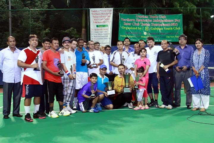 The winners of the Gulshan Youth Club-Northern Hatchery Independence Day Inter Club Tennis Tournament with the chief guest and the officials of Gulshan Youth Club pose for a photo session at the tennis court of the Gulshan Youth Club recently.