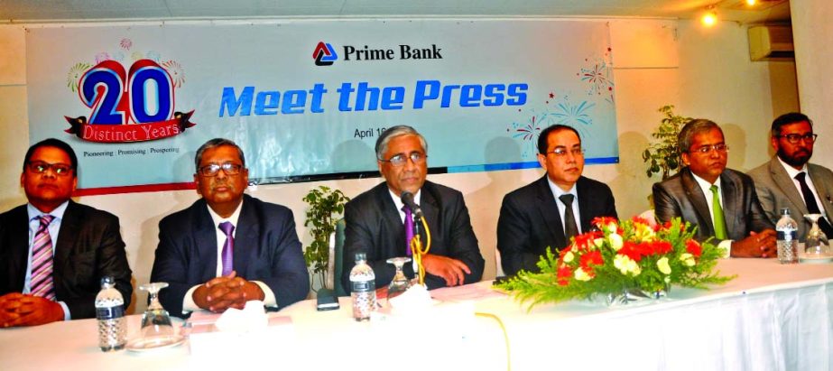 Ahmed Kamal Khan Chowdhury, Managing Director of Prime Bank Limited, addressing a press conference on the bank's 20th anniversary at a city hotel on Thursday. High officials of the bank were present in it.