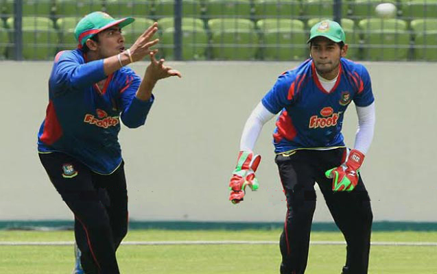 Soumya Sarkar and Mushfiqur Rahim practicing catch during the practice session at the Sher-e-Bangla National Cricket Stadium on Thursday.