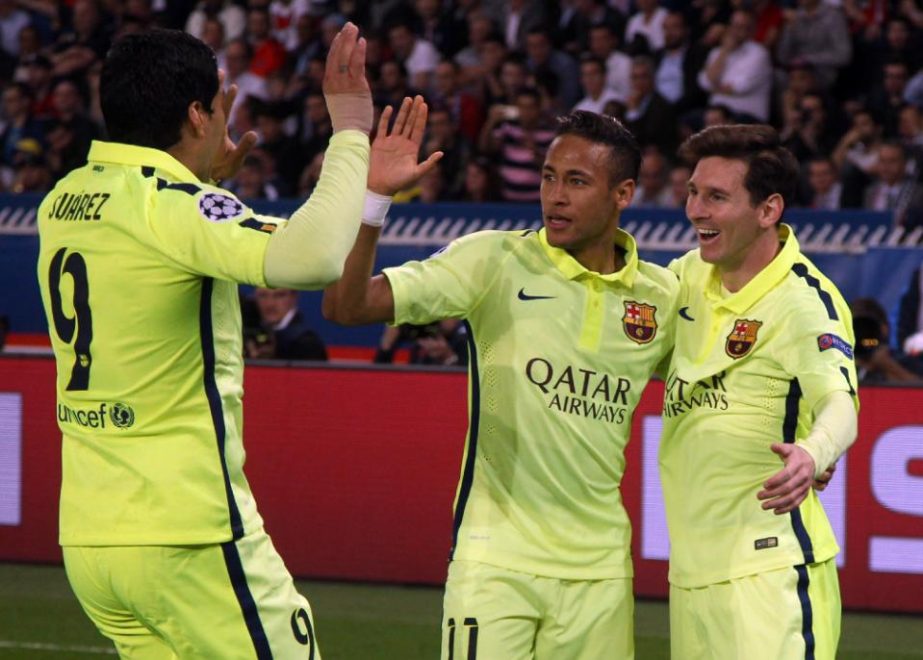 Barcelona's Neymar (center) celebrates after scoring the opening goal with teammates, Lionel Messi (right) and Luis Suarez during the quarterfinal first leg Champions League soccer match against Paris Saint Germain at the Parc des Princes stadium in Pari