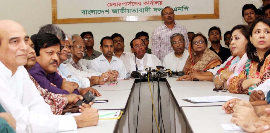 BNP Standing Committee member Barrister Moudud Ahmed speaking at a press conference after holding a meeting on election management with BNP backed mayor and councilor candidates of Dhaka North and South City Corporation at BNP Chairperson's office in the