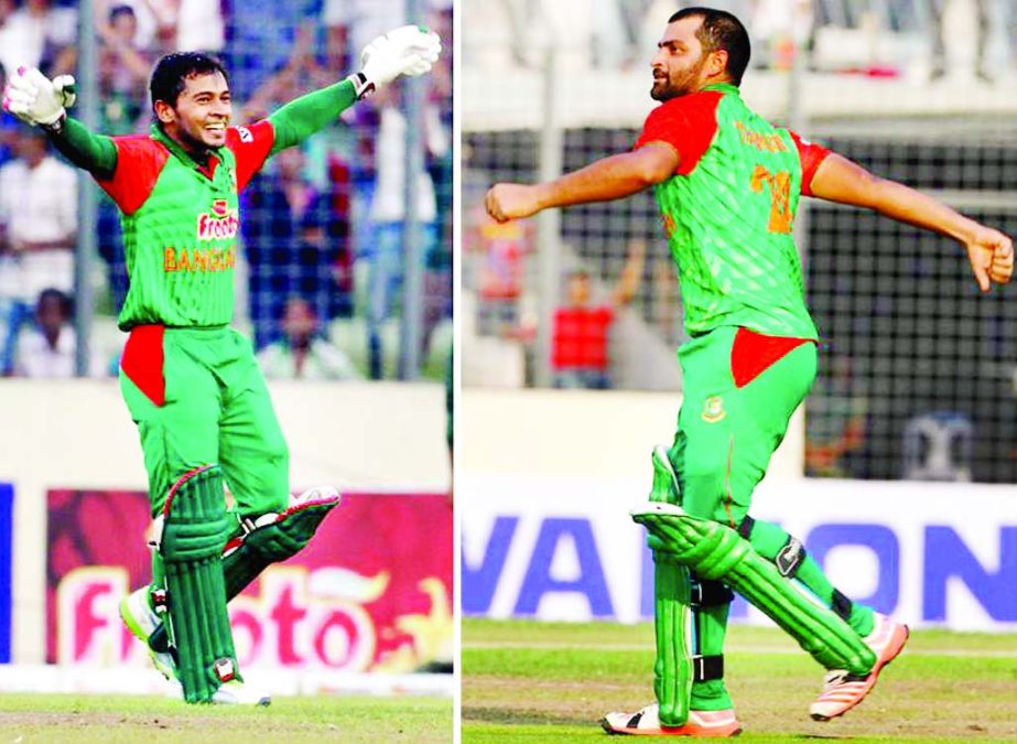 Mushfiqur Rahim (left) and Tamim Iqbal rejoicing after scoring century in first one day ODI aganist Pakistan at Mirpur Stadium on Friday.