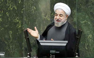 Iranian President Hassan Rouhani. addressing a press conference in Tehran.