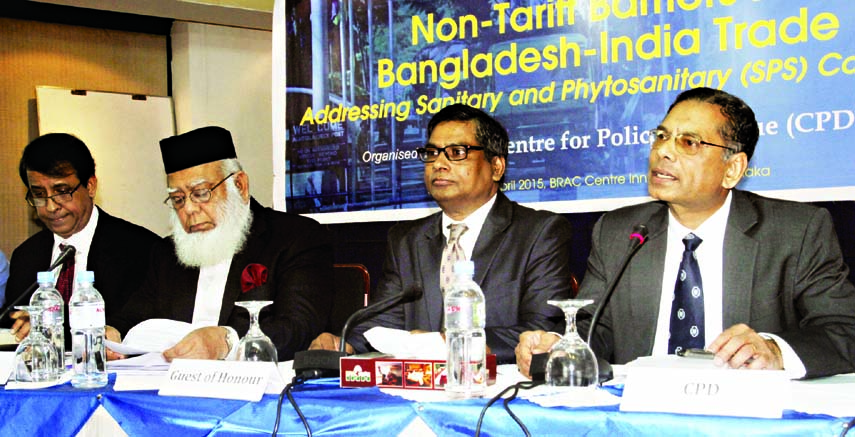 Executive Director of the Center for Policy Dailogue (CPD) Dr Mostafizur Rahman speaking at a discussion on 'Non-Tariff Barriers in Bangladesh-India Trade- Addressing Sanitary and Phytosanitary Concerns' organized by CPD at BRAC Inn Center in the city o