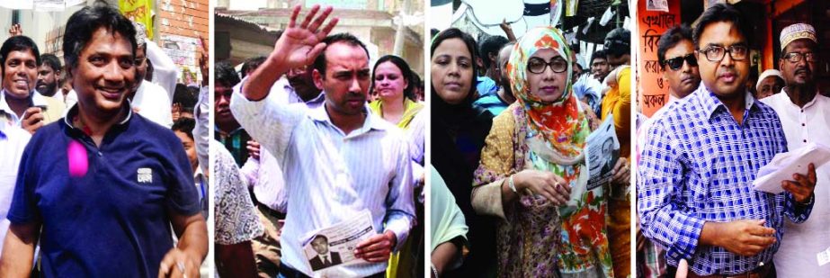 (From left) DNCC mayor aspirants Annisul Huq and Tabith Awal; Afroza Abbas, wife of Mirza Abbas and Sayeed Khokan of DSCC mayoral aspirants are passing busy hours in electioneering to woo voters on Saturday.
