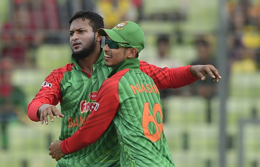 Shakib Al Hasan is congratulated by Nasir Hossain in the 2nd ODI between Bangladesh and Pakistan at Mirpur Sher-e-Bangla National Cricket Stadium on Sunday.