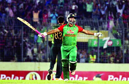 Tamim Iqbal celebrates his century during the second ODI between Bangladesh and Pakistan at the Sher-e-Bangla National Cricket Stadium in Mirpur on Sunday.