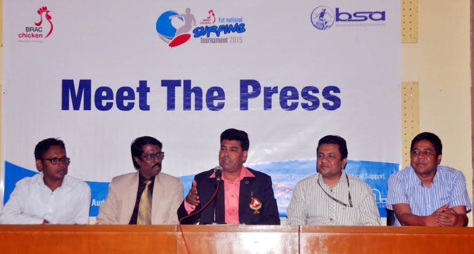 Bangladesh Surfing Association President FM Iqbal Bin Anwar addressing a press conference at the Bangladesh Olympic Association conference room on Monday.