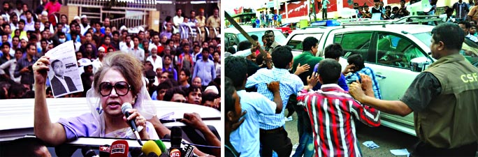 Jubo League and BCL activists suddenly attacked motorcade of BNP Chairperson Begum Khaleda Zia when she was campaigning for DNCC mayoral candidate Tabith Awal at Kawranbazar area on Monday. Several vehicles were also vandalised injuring many others. An in