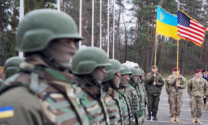 US and Ukrainian soldiers attend an opening ceremony of the joint Ukrainian-US military exercise 'Fearless Guardian' at the Yavoriv training ground in the western region of Lviv.