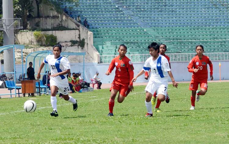 A scene from the football match of the AFC Under-14 Girls' Regional Championship between Bangladesh National Under-14 Girls' Football team and India National Under-14 Girls' Football team at the Dashrath Stadium in Kathmandu, the capital city of Nepal