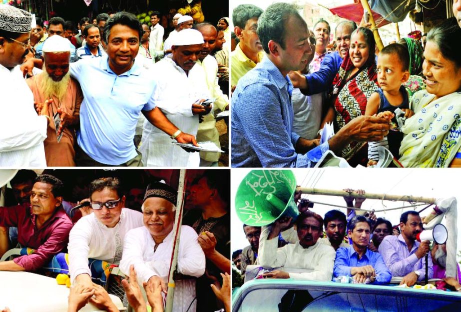 AL backed DNCC mayoral candidate Annisul Huq and BNP backed Tabith Awal (Top); BNP's Monzur Alam and AL backed Nasiruddin campaigning vigorously (bottom) for CCC polls on Wednesday.