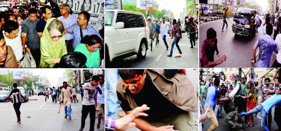 BNP Chairperson Khaleda Zia leaving the scene towards Nayapaltan office while her motorcade was attacked by the ruling party activists during DSCC polls campaign in city's Bangla Motor area on Wednesday for Mirza Abbas. Photo shows various stages of atta