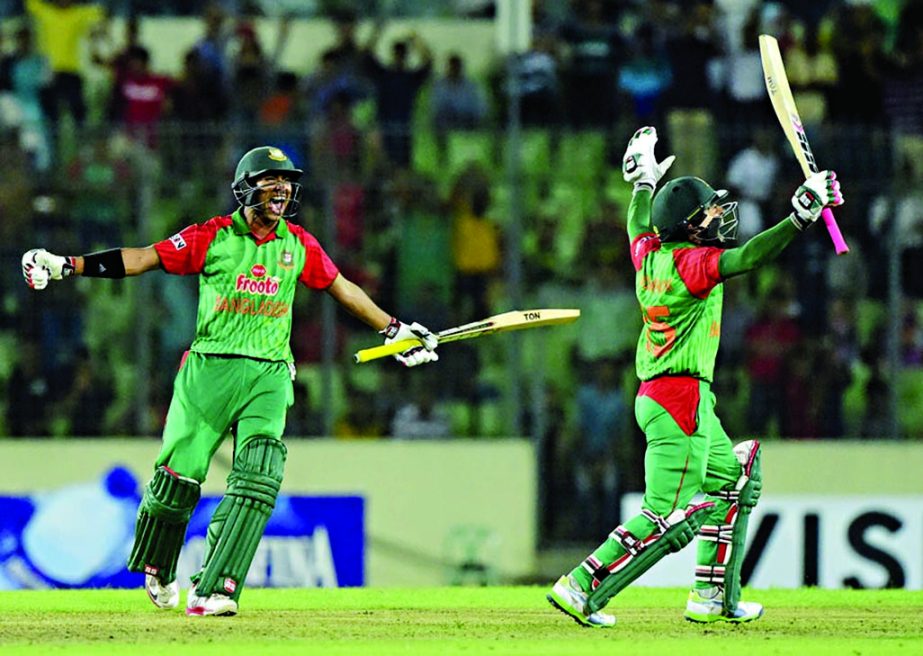 Soumya Sarkar and Mushfiqur Rahim celebrate after scoring the winning runs during the 3rd ODI between Bangladesh and Pakistan at the Mirpur Sher-e-Bangla National Cricket Stadium on Wednesday.