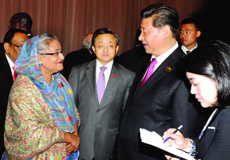 Prime Minister Sheikh Hasina talking with Chinese President Xin Jin Ping during the Asian-African Conference Commemoration at Jakarta Convention Centre on Wednesday.