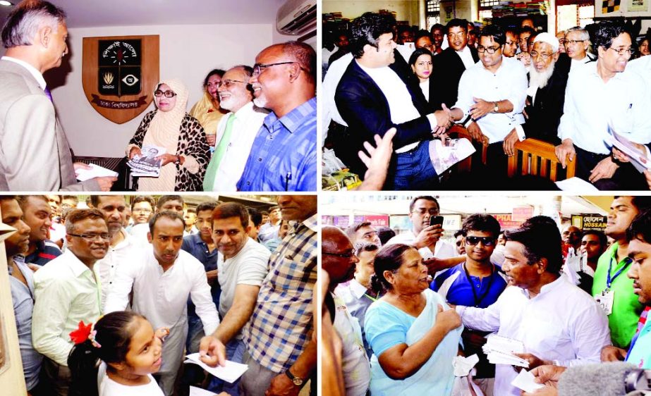 Afroza Abbas goes to DUVC Prof AAMS Arefin Siddique's office as part of campaign for her husband Mirza Abbas and Sayeed Khokan distributing leaflets at Supreme Court for DSCC (top); BNP backed Tabith Awal at Link Road and AL-backed Annisul Huq at Mohakha